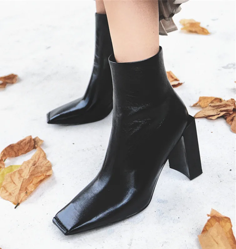 

2020 Ankle Cowboy Boots For Women Western Punk Autumn Winter strange High Heel Black Leather Square Toe Mature Shoes Women