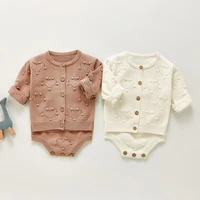 2021 autumn new baby girl pompom sweater cute heart overalls for infant boys knit cardigan coat toddler cotton knitted jacket