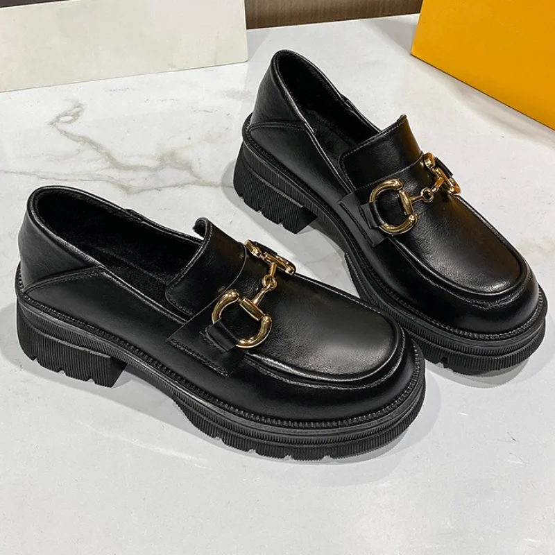 

Женские туфли на массивном каблуке, винтажные туфли из кожи на платформе и высоком каблуке, повседневные Лоферы без застежки, Осень-зима 2021