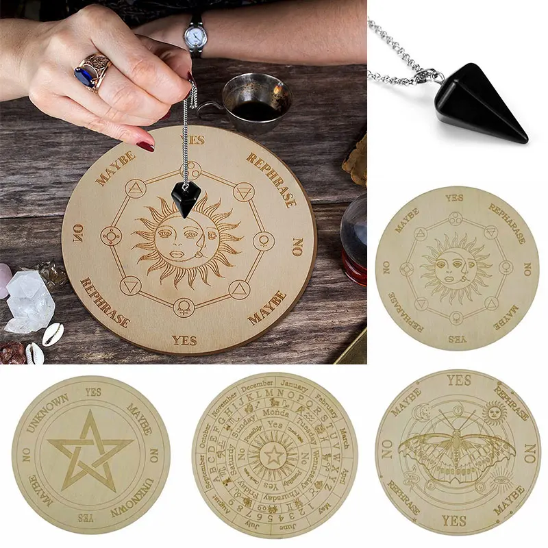 

Slice Wooden Pendulum Board with Stars Sun Moon for Divination Message Carven Metaphysical Altar Decoration Wall Art Home Decor