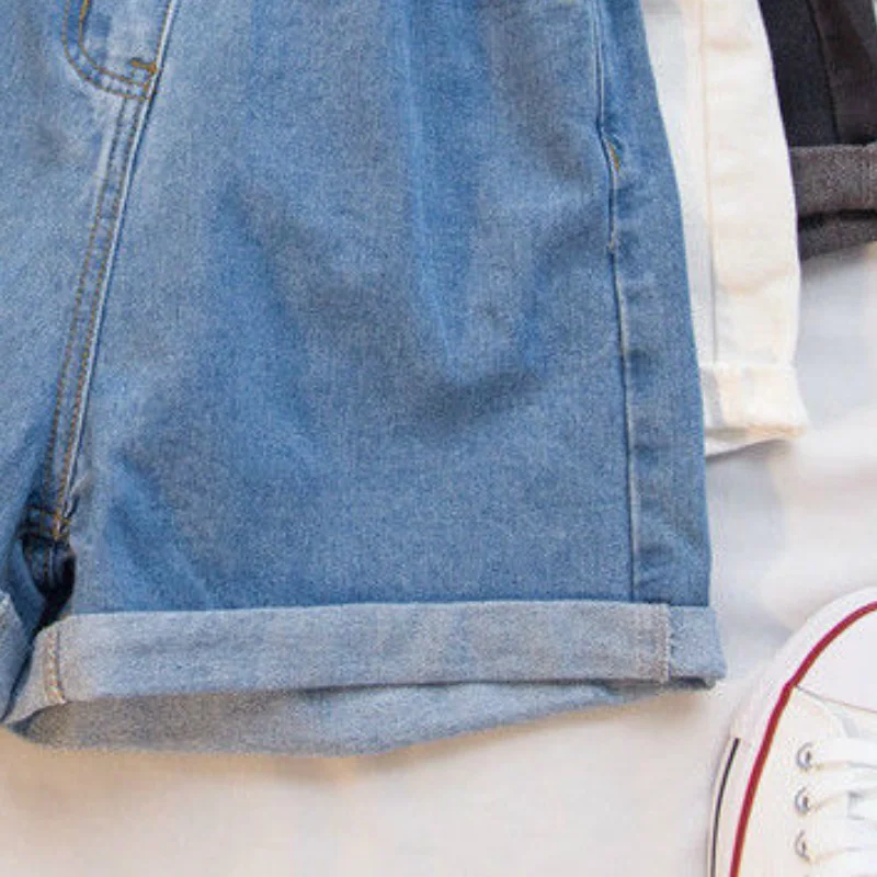 

Shorts Women Summer Denim Elastic-waist 5XL Pleated Preppy-style Students Pockets Crimping Buttons Solid Wide-leg Loose Womens