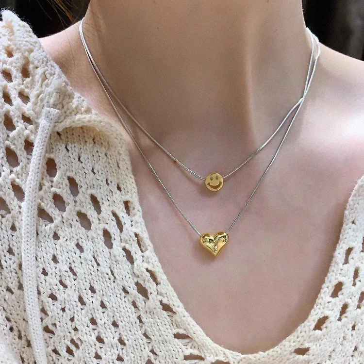 

Personality Double-layer Silver Color Long Chain Smile Face Choker Necklaces For Women Fashion Jewelry Gift
