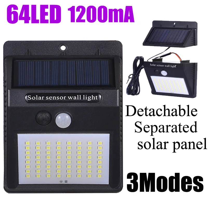 A2 PIR датчик движения Солнечная лампа фонарь 64LED 1200mA Солнечная энергия настенный светильник Открытый водонепроницаемый сад отдельные солнечные панели