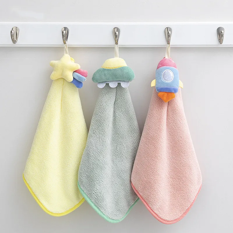 

Hand Towels Hanging Cartoon Cute Star Rocket Hand Towel Kitchen Thickened Absorbent Hand Towel Household Coral Fleece Towel