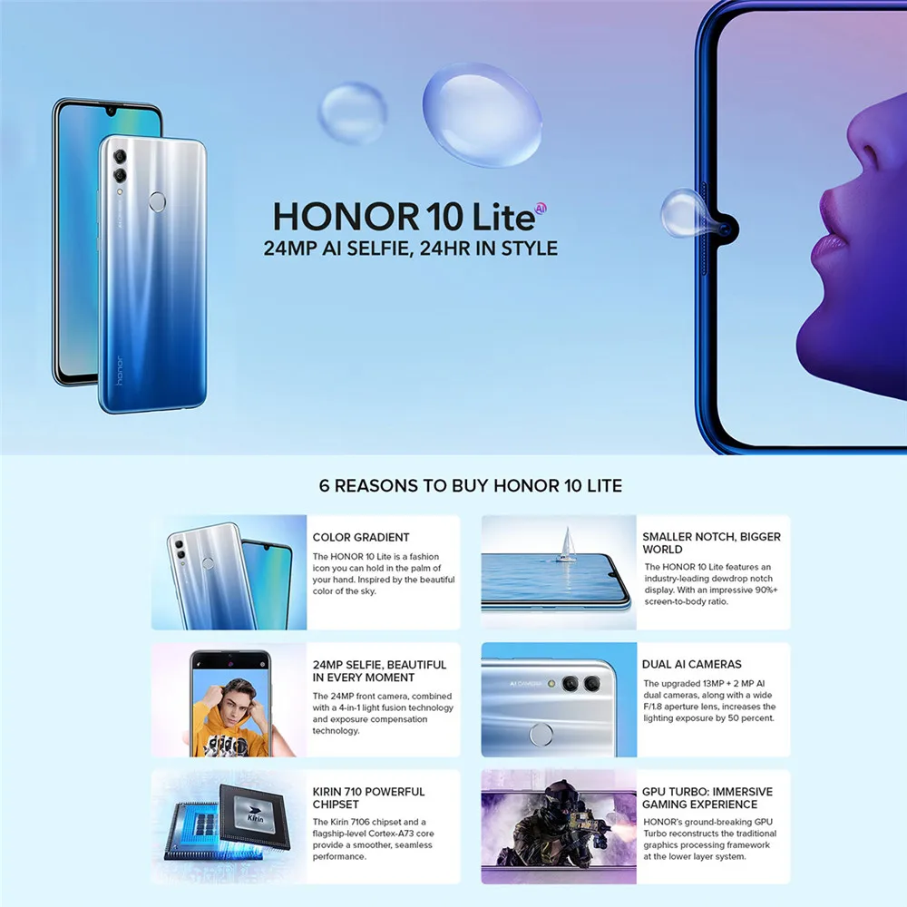 Honor 10 Lite Android 9,0 6,21 дюймов 3+ 64 Гб Смартфон 3400 мАч 24MP 3 камера мобильный телефон AI камера отпечатков пальцев Восьмиядерный