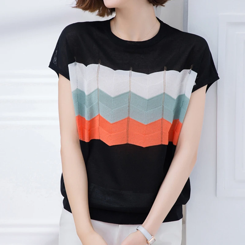 

LJSXLS 2021 Summer Thin Striped Knitted Short Sleeve Tshirts Women Color Matching One size Tee Shirt Loose Black Women Clothes