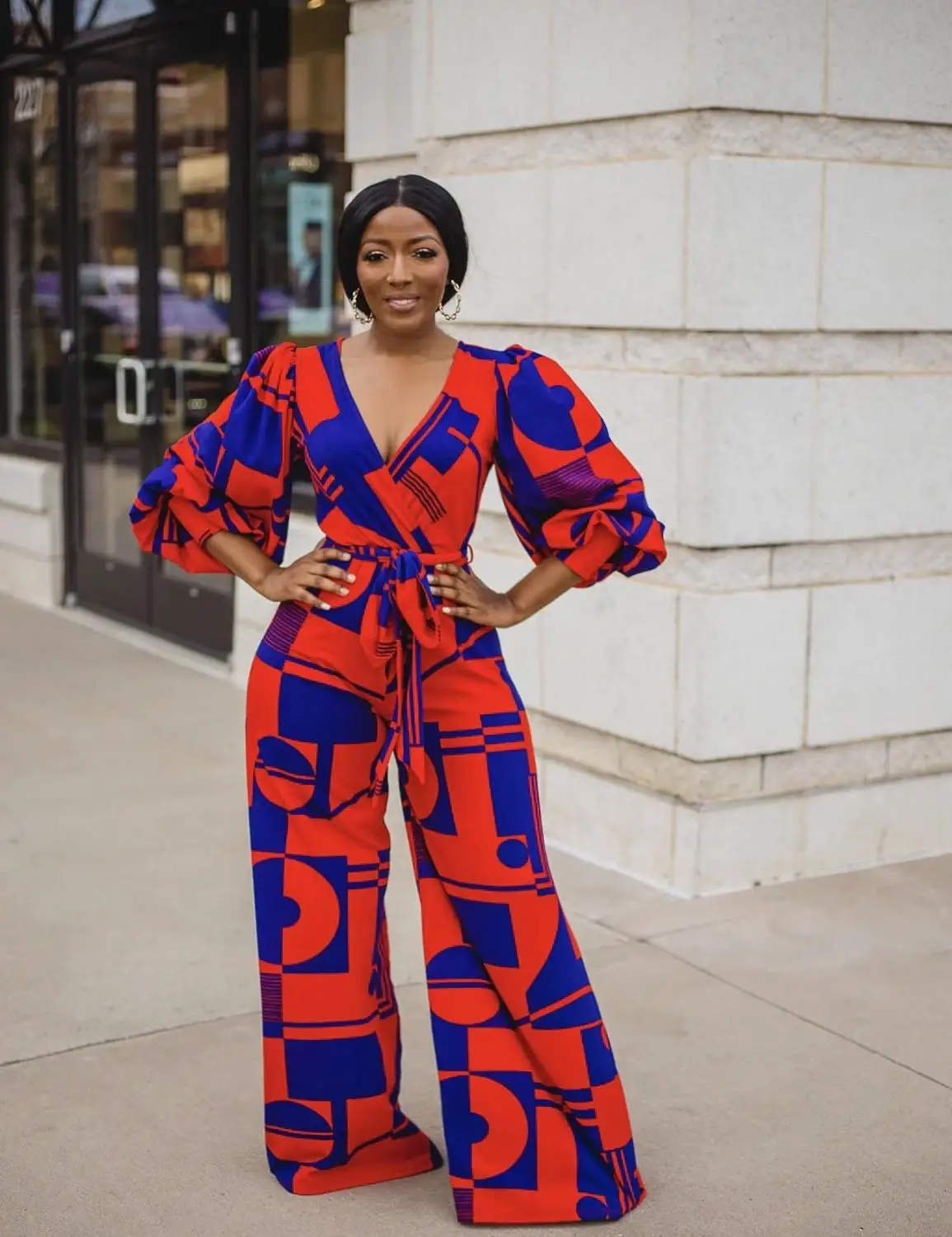 

SUWA Fashion Red Blue Geometric Patchwork High Waist Wide Leg Jumpsuit 2020 Office Lady Deep V Neck Lantern Sleeve Romper