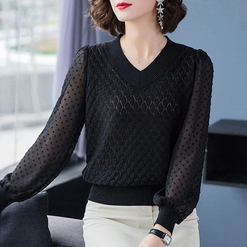 

V-Neck Hollow Out Chiffon Long Sleeve Patchwork Knit Pullovers Women Elegant Large Size Loose Argyle Knitwear Tops Female