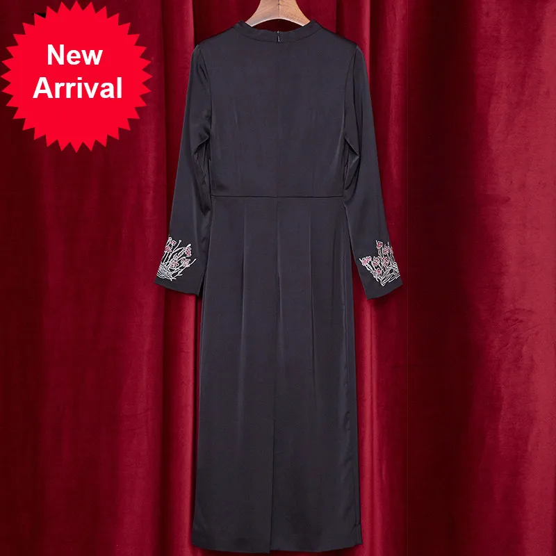 

New 2021 Fashion Designer Summer Black Midi Dress Long Sleeve Embroidery Bodycon Elegant Party Dresses