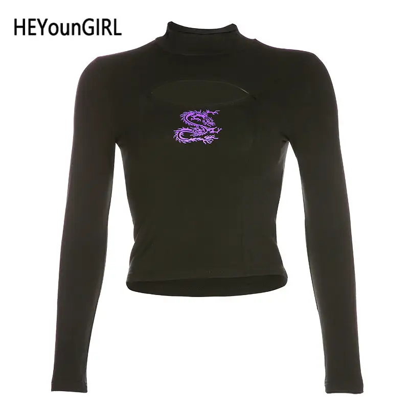 HEYounGIRL черная Базовая футболка с принтом дракона женская укороченная футболка с длинными рукавами женская Повседневная Уличная одежда футболка женская - Цвет: Черный
