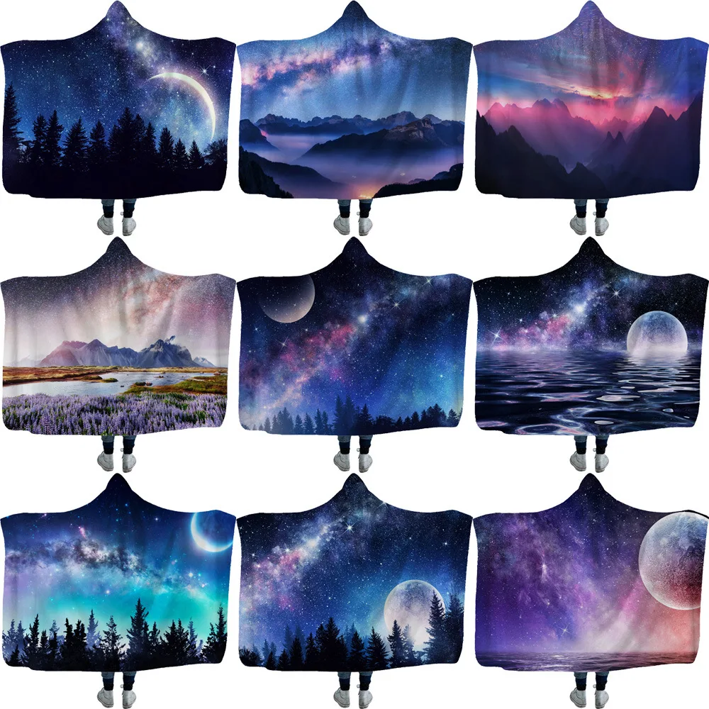 

Lazy Hooded Blanket Cloak Magic Hat Blanket Thick Plush 3D Digital Printing Bright Night Sky Flannel Fluffy Throws Blanket