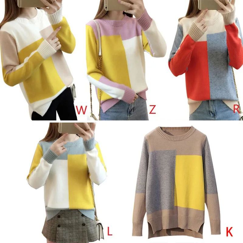 

Clothes Women Winter Sweaters Contrast Color Long Sleeve Jumper Knitted Female Pullover Casual Warm Veste Femme Tops