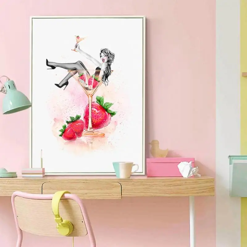 

Modern Fashion Girl Canvas Art Painting Strawberry And Lipstick Wall Decor Poster And Print Decorative Picture For Living Room