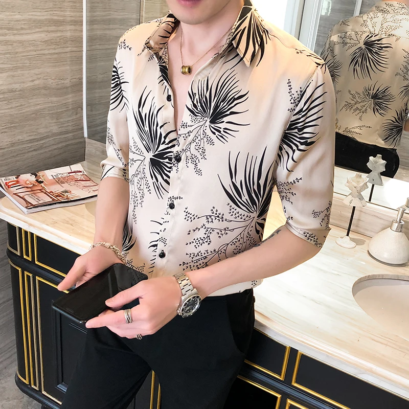 Casual Slim Fit Hawaiian Shirt Streetwear Social Nightclub Blusa High Quality Leaf Printing Men Summer Short Sleeve | Мужская одежда