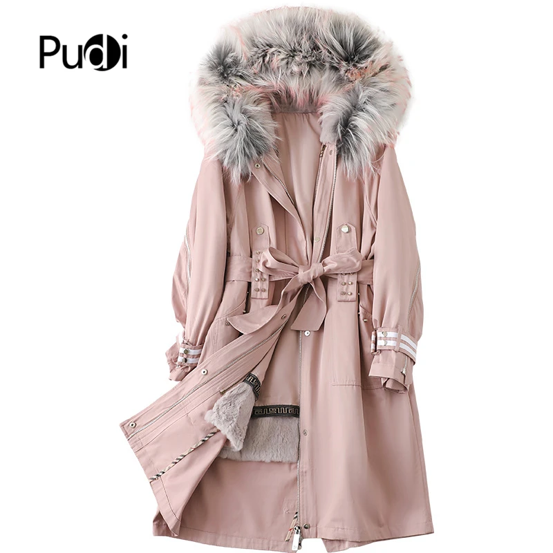 

Pudi Women Real Rabbit Fur Parka Trench Winter Female Warm Raccoon Fur Collar Hooded Coat Jacket Overcoats A41630