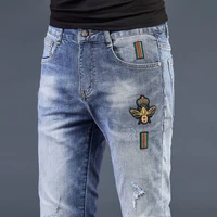 little bee embroidered jeans mens summer slim slim foot pants holes stretch tide brand mens pants