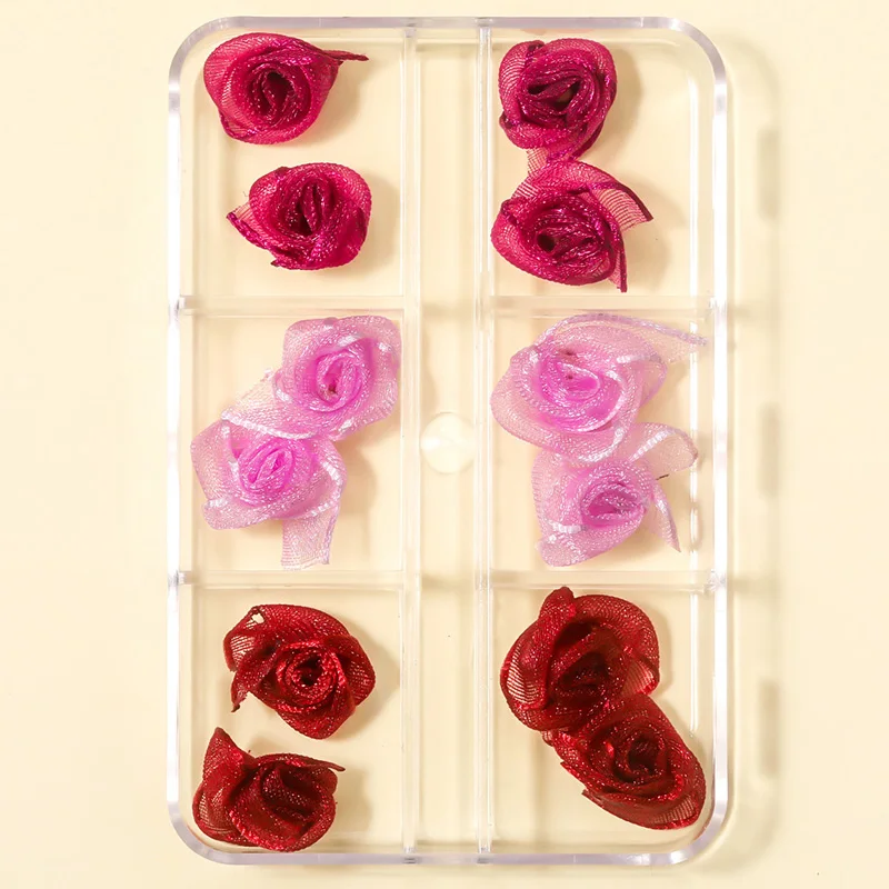 

6 Grids Nail Art Accessoriess Colorful Lace Roses 3D Flowers Super Flashing Ribbon Wreath Nails Art Decoration DIY Creative