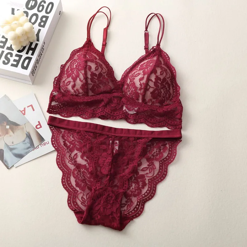 

2021 Sexy Lace Lingerie Suits Women French Triangle bra Sets bralette briefs Wire Free Ladies Underwear Panties Two Piece 2021