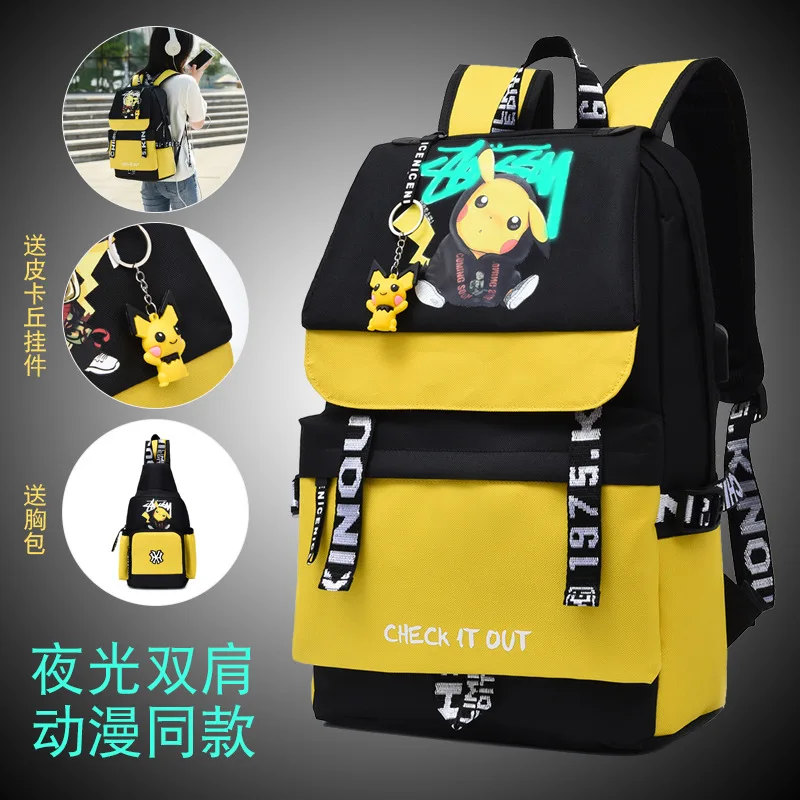 

Large Pikachu School Backpack with USB Charge Line Student Schoolbag Cute Cartoon Pikachu Couple Bags Quality Canvas Bag Gift