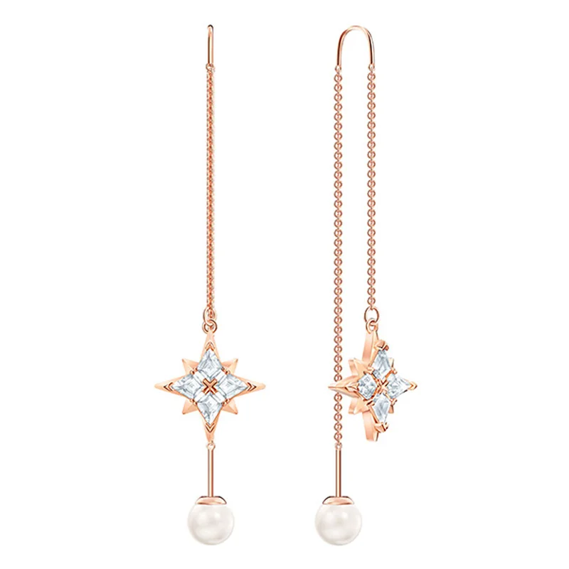 Женские длинные серьги с жемчугом PANDOO украшенные звездами из стерлингового