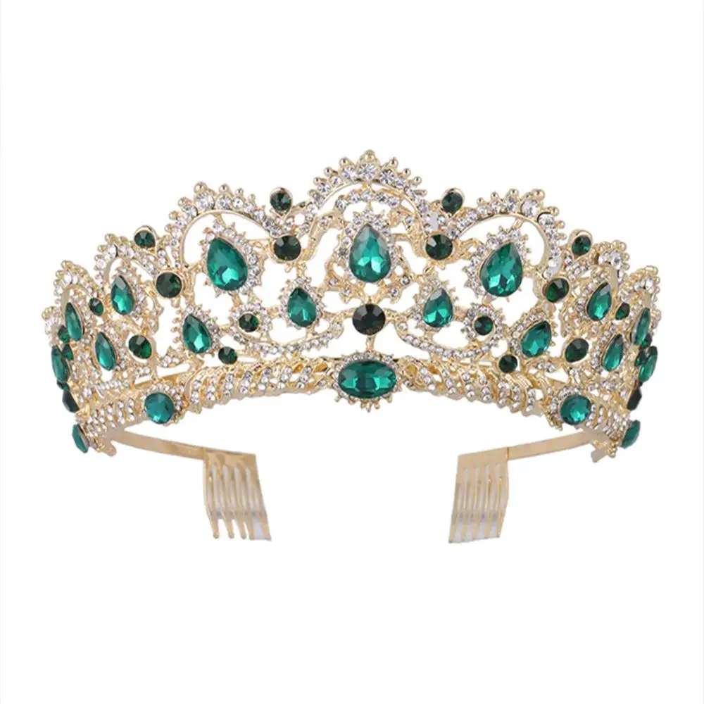 1Pcs Green Crown Барокко Винтаж золото Красный Зеленый Синий Кристалл Свадебные Ювелирные наборы ожерелье серьги корона с гребнем африканские бусы Ювелирные наборы - Окраска металла: 1Pcs Green Crown