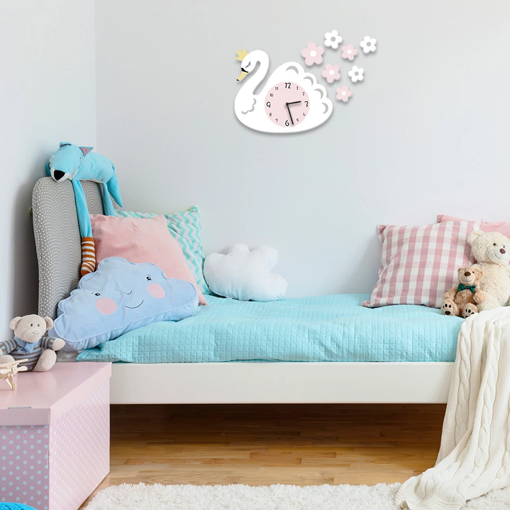 

1PC Children'S Room Living DIY Silent Clock 3D Cartoon Wall Hanging Clock White Swan Home Office Wall Clock For Bedroom Decor