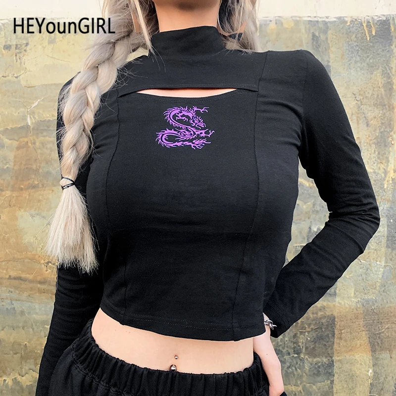 HEYounGIRL черная Базовая футболка с принтом дракона женская укороченная футболка с длинными рукавами женская Повседневная Уличная одежда футболка женская