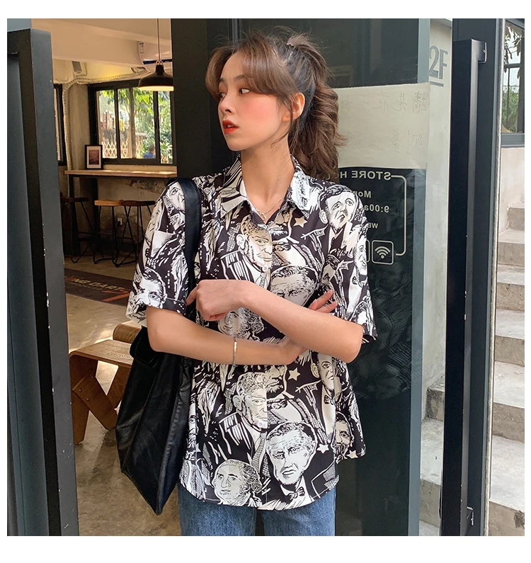 

Preppy Style Streetwear Women's Clothing Loose Harajuku Blouses Character Print Tops Korean Clothes Ladies Shirts Oversize New