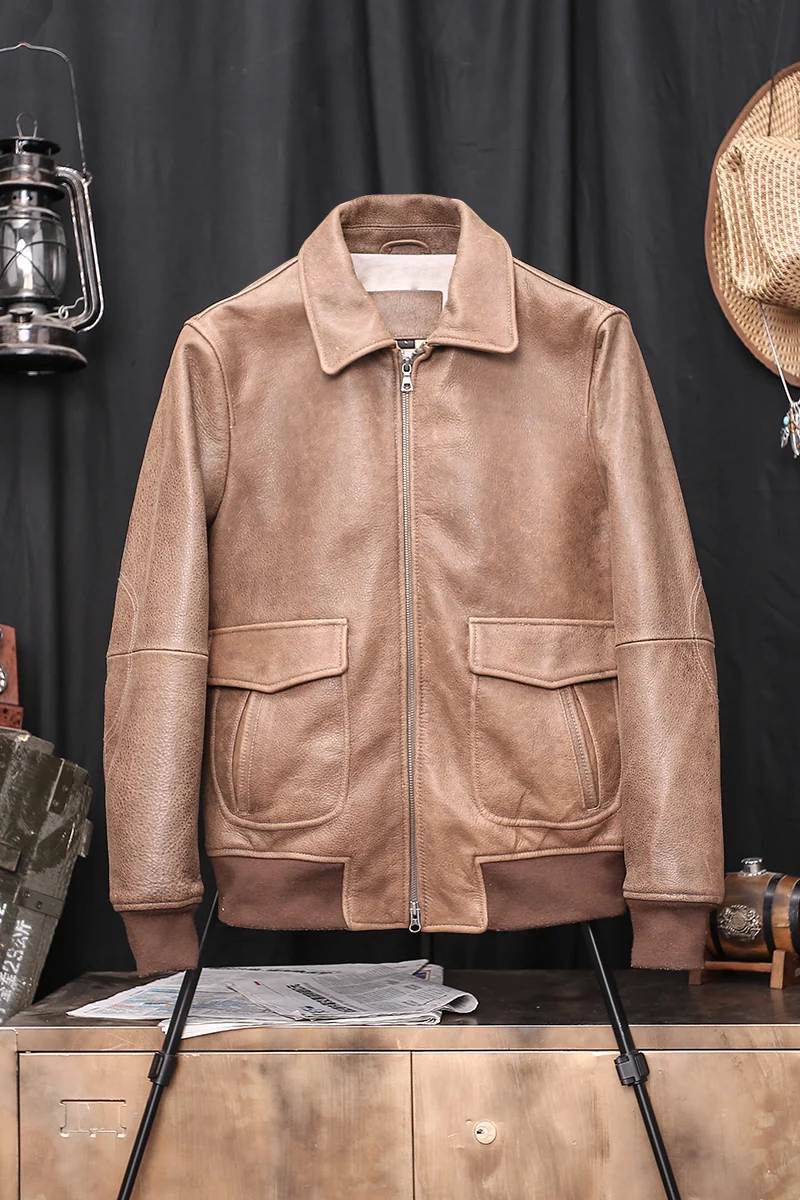 

American pilots A2 leather jacket brief paragraph leather cowhide leather men to restore ancient ways do old fur coat lapels