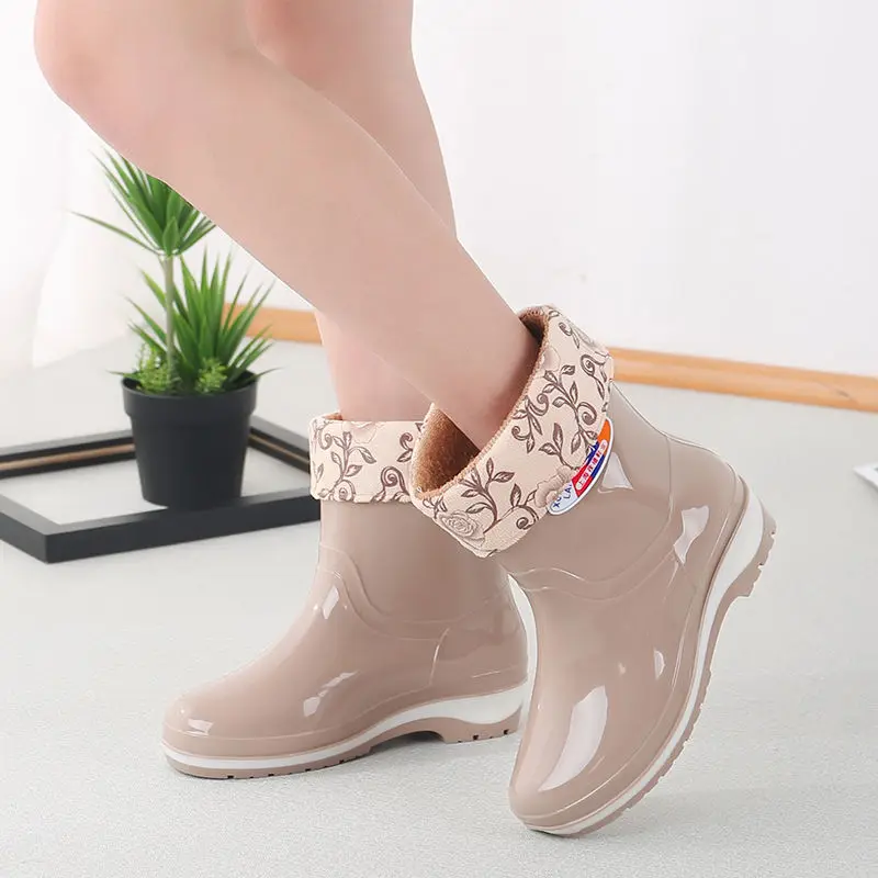 

comemore Hot Sell Women's Pure Color Low-Heeled Rain Boots Outdoor Waterproof Non-Slip Rubber Water Shoes Keep Warm In Winter 41