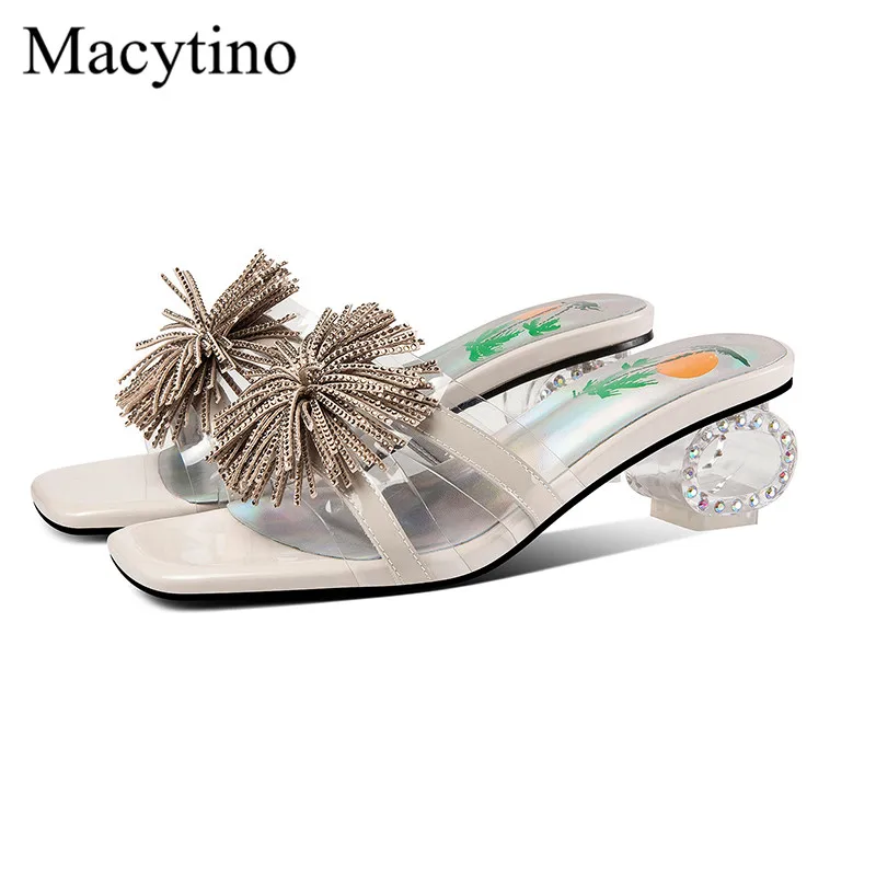 

Женские шлепанцы на высоком каблуке, необычные декоративные цветочные, квадратный носок, модные праздничные Тапочки