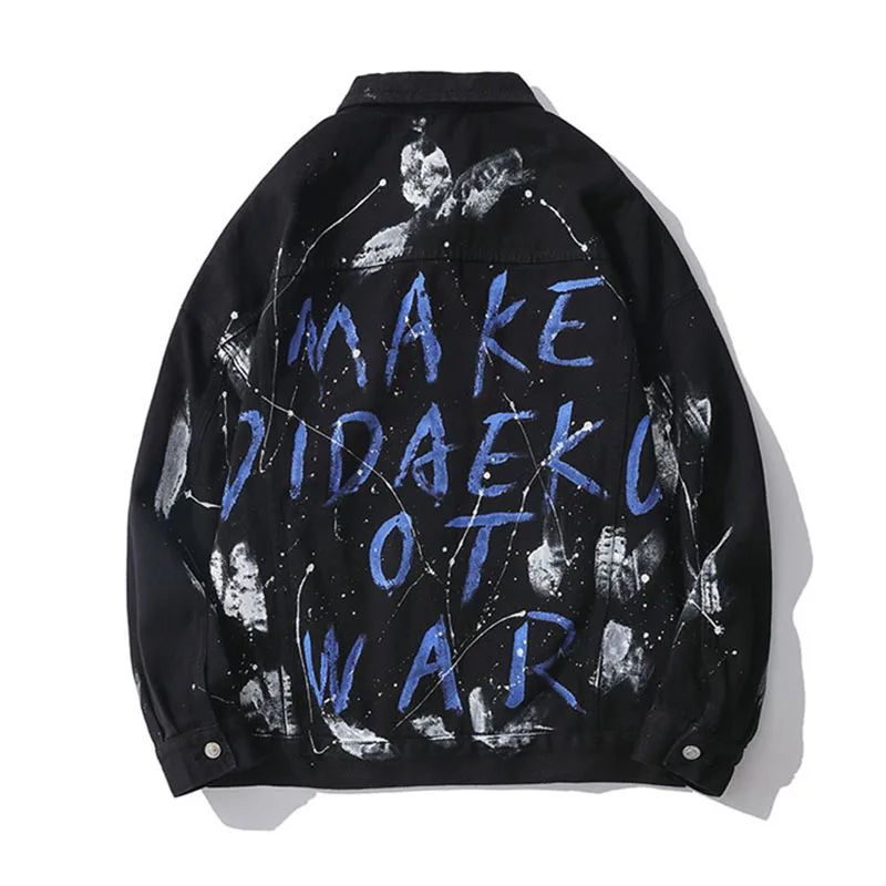 

KIOVNO Men Graffiti Vintage Denim Jackets Hip Hop Loose Outwear Clothing For Male Top Size M-XXL