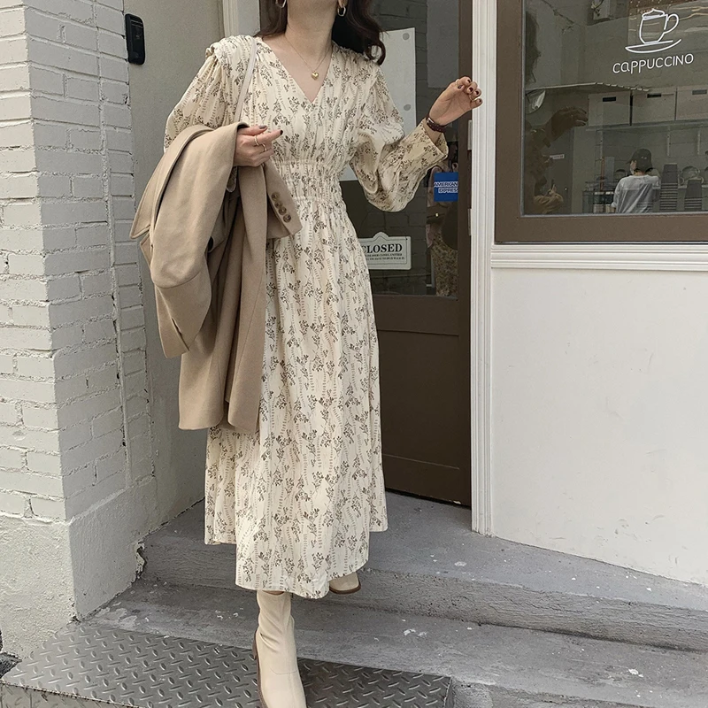 

Alien Kitty 2021 New Women French Retro Dress V-Neck Floral Printing Gentle Elegant Long Chic Female High Waist Fashion Clothe