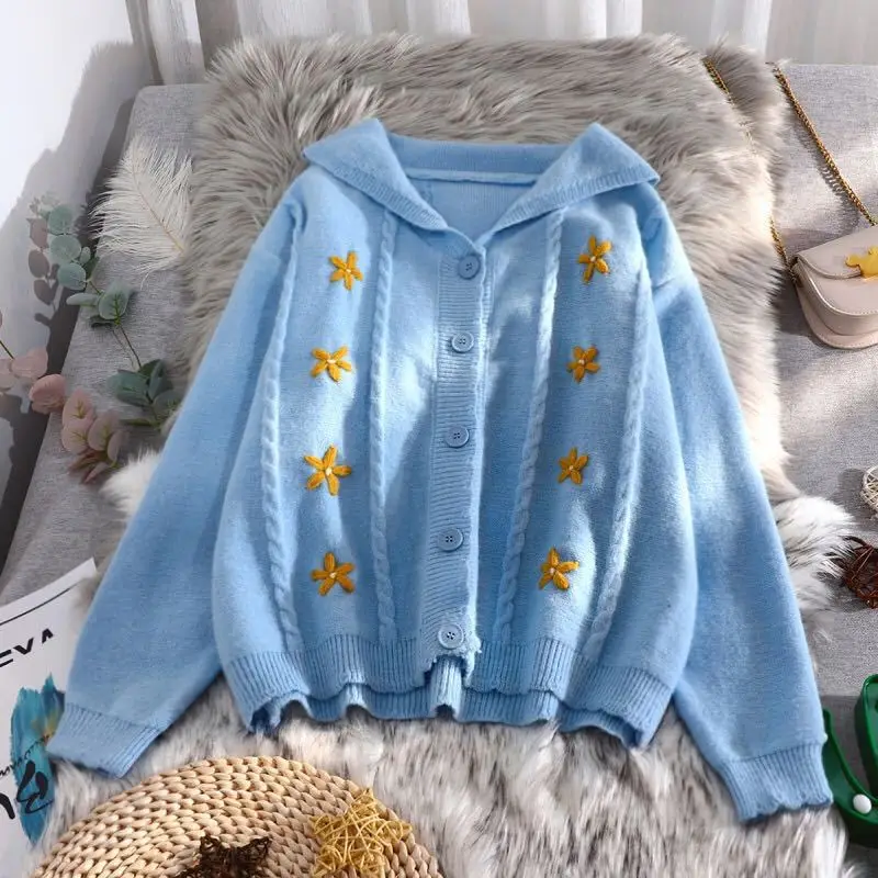 

Fannic 2020 Autumn and Winter Loose Solid Color Five-Pointed Star Embroidery Knitted Cardigan Sweater