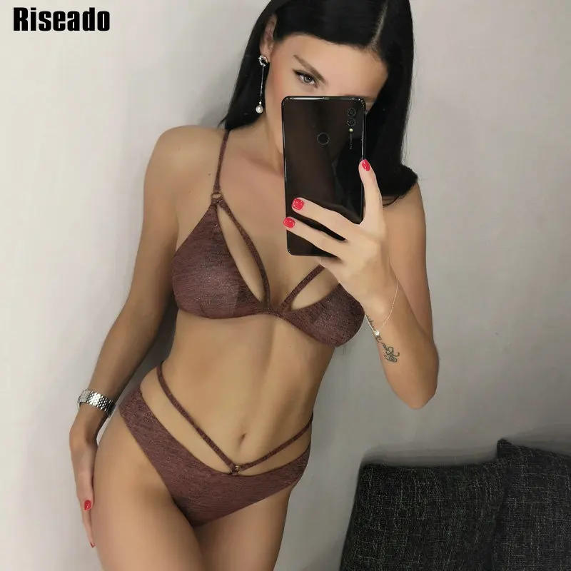Riseado, пуш-ап бикини,, на бретелях, купальники для женщин, микро бикини, Одноцветный купальник, бандаж, купальники, летние, пляжные - Цвет: Коричневый