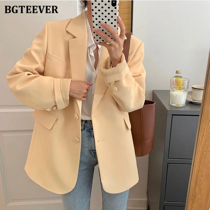 

BGTEEVER Casual Loose Single-breasted Pockets Female Blazer Long Sleeve Solid Suit Jacket for Women 2021 Spring Outwear Femme