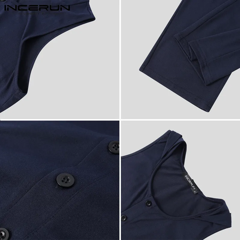 

Men Pajamas Jumpsuits Solid Color Homewear Hooded Button Sleeveless Rompers Leisure Fitness Men Nightwear Overalls S-5XL INCERUN