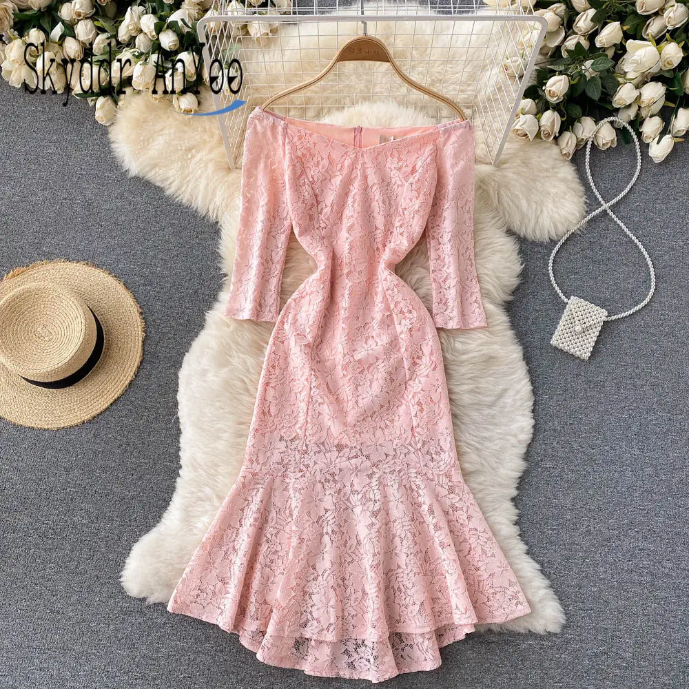

Autumn Off Shoulder Lace Party Dress For Women 2021 Half Sleeve Trumpet Chic Elegant Slim Pink Dresses