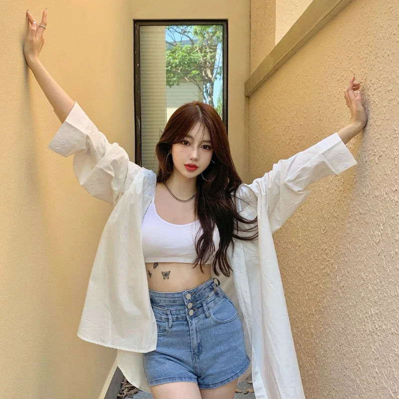 

Top For Women Summer Blusas Bonitas Loose Korean Style Simple Mid Length Shirt Cardigan White Pint Shirt Vintage Clothes