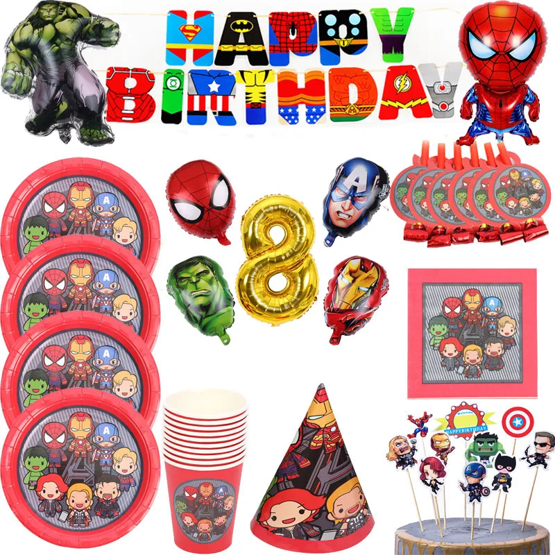 

Мультяшная тема Мстители, товары для дня рождения, скатерть, бумажная тарелка, чашка, соломенный баннер, набор детской одежды