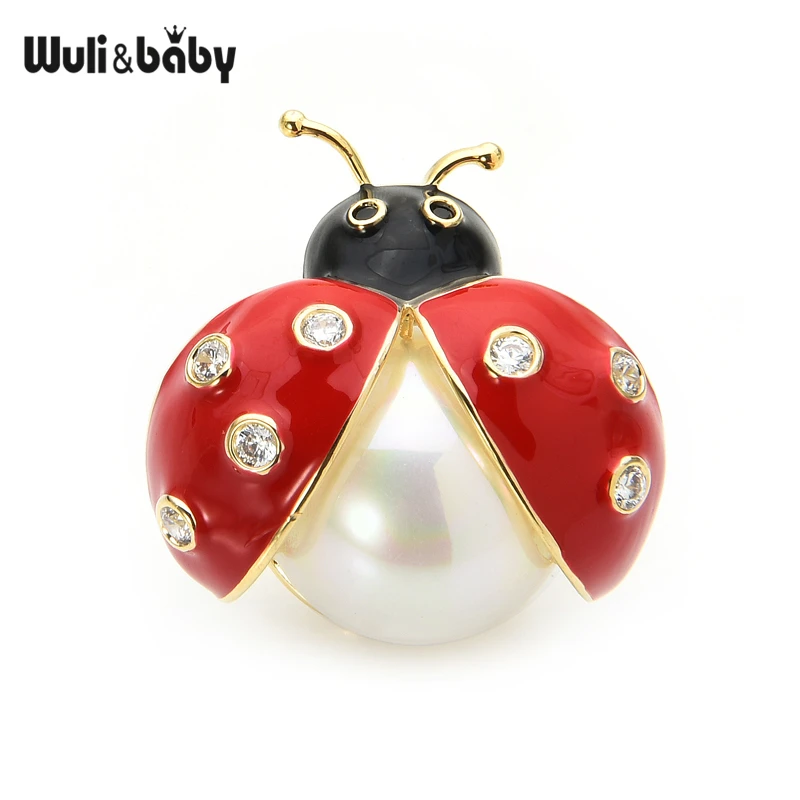 

Wuli&baby Enamel Red Beetle Magnet Brooches Women Rhinestone Pearl Insects Casual Office Brooch Gifts