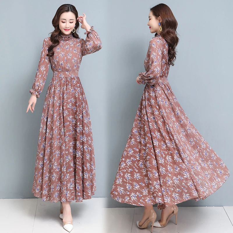 

New Spring Summer Long Sleeved Dress Real Shot Floral Chiffon Beach Maxi Dresses for Womens Clothing