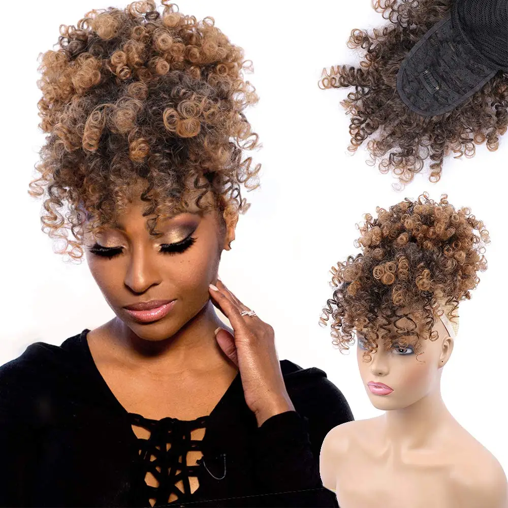 

Short Drawstring High Puff Afro Kinky Curly Chignon With Bangs Wig 4'' Ponytail Hairpiece Wrap Synthetic Clip In Hair Extensions