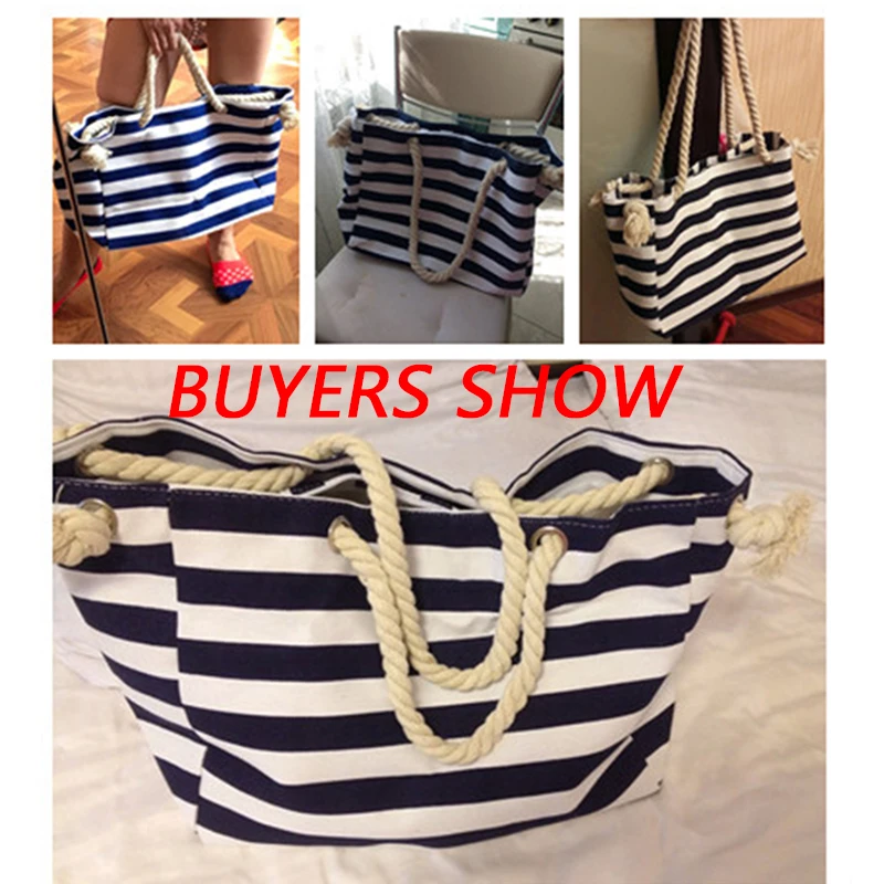 

Navy Striped Tote Bag Canvas High Capacity Shopping Bag Beach Handbag Fashion Beach Bags Wild Rough Twine Striped Shoulder Bags