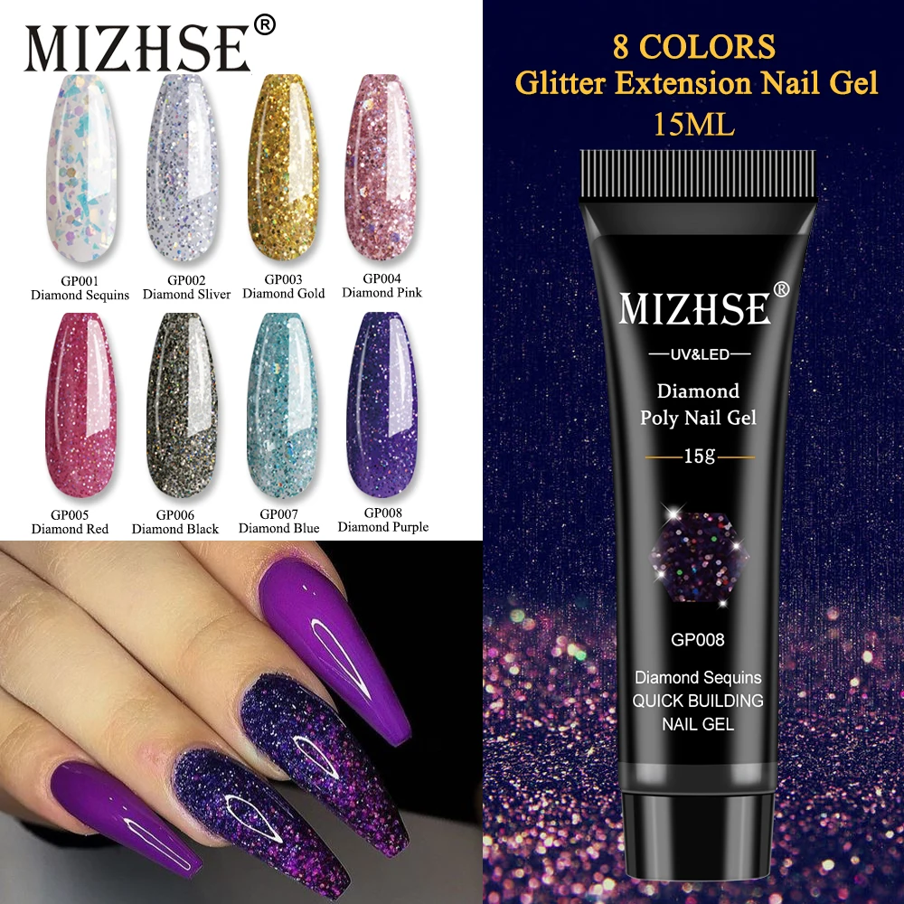 

MIZHSE 15g Poly Nail Gel 8 Colors Glitter UV Semi Permanent Gel Nail Polish Soak Off Acrylic Gel for Nails Art Design