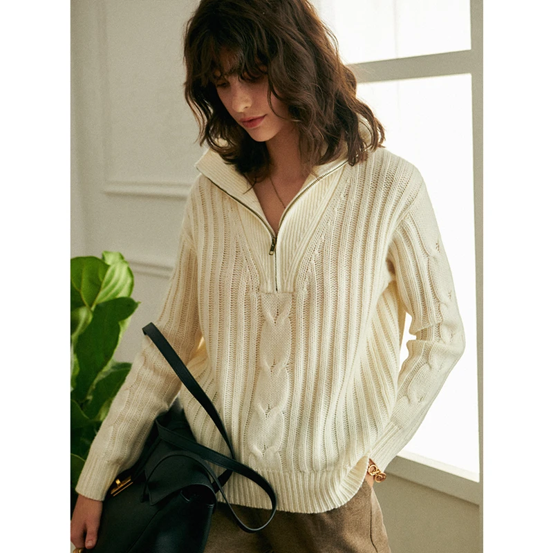 

Sweater Women 100% Cashmere Knitted Zipper Turtleneck Long Sleeves Solid 2 Colors High Quality Pullover Casual Style New Fashion