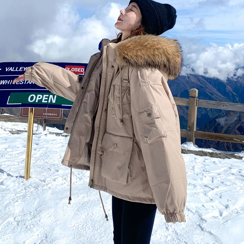 

HWLZLTZHT Large Fur Women Down Coat Winter Thick White Duck Down Parka Snow Wear Warm Female Hooded Jacket Loose Down Outerwear
