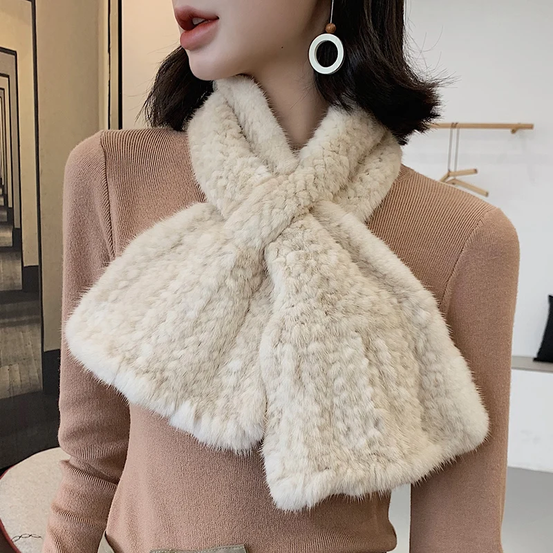 

2022 New Real Mink Fur Knitted Women's Winter Warm Scarf Scarves Wraps Russia Neck Warmer Fashion Luxury Mufflers 92cm