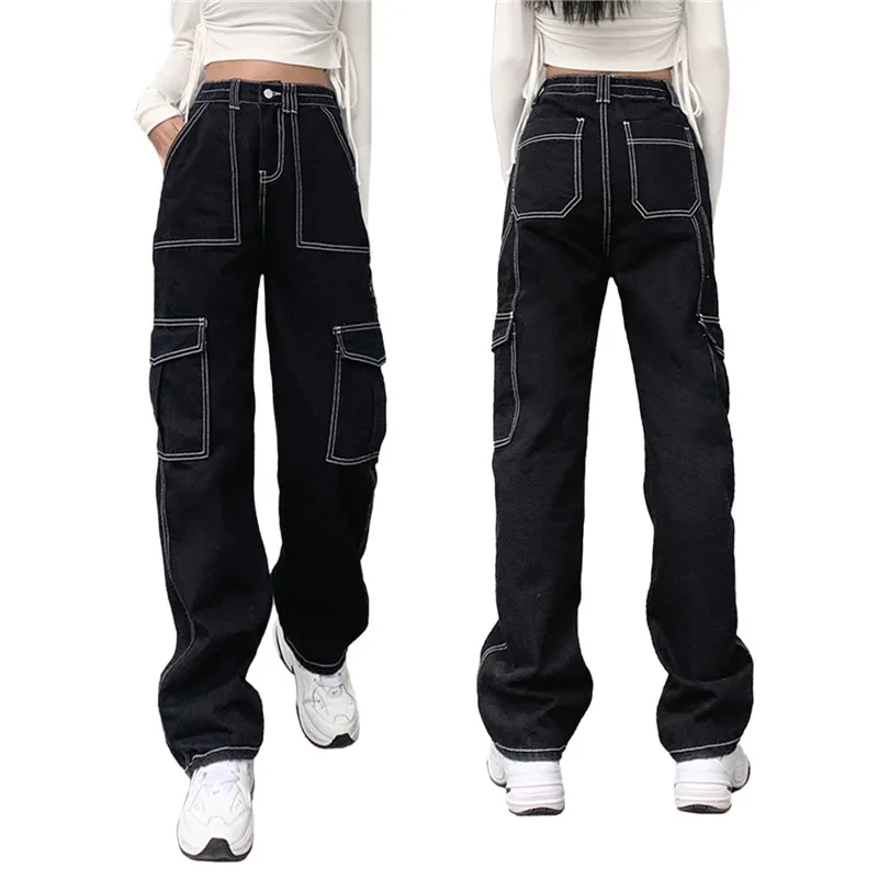 

Женские мешковатые джинсы в стиле пэчворк с карманами, модная уличная одежда, женские джинсовые брюки, свободные брюки-карго, корейские джи...