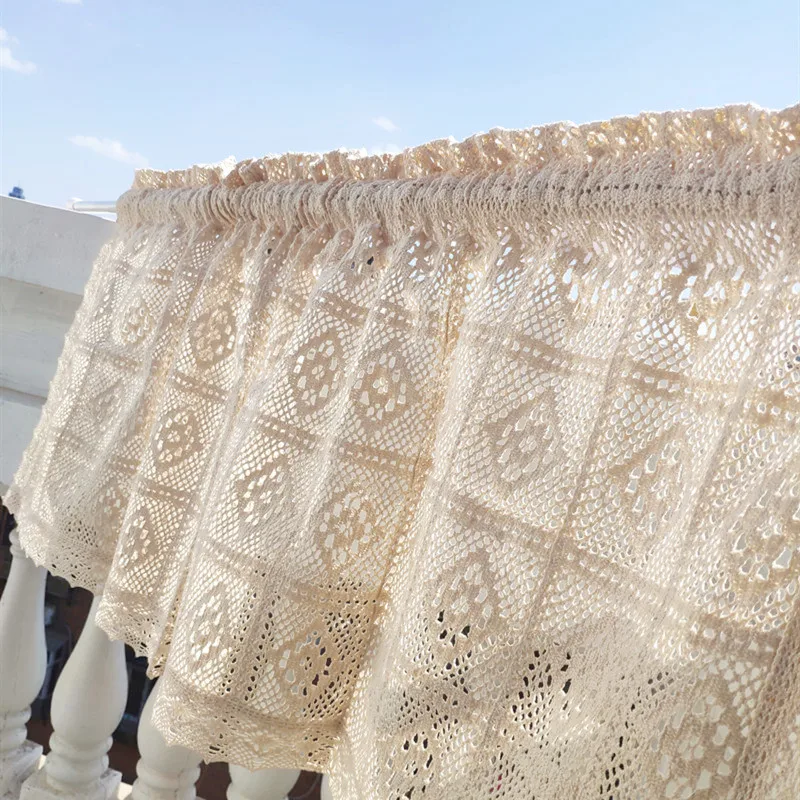 

Crochet lace curtains. Rustic cabinet curtains. Short coffee curtain. Half curtain. White and beige.